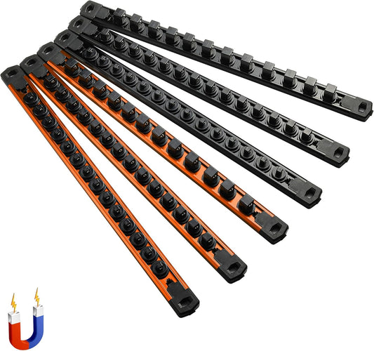 ALOANES 6-Piece Magnetic Socket Organizer, Heavy Duty Aluminum Socket Rails Organizer, 360° Swivel Clips Socket Holder Kit for Tool Box, 1/2, 3/8, 1/4-Inch Socket Holder x 80 Clips (Black&Orange)