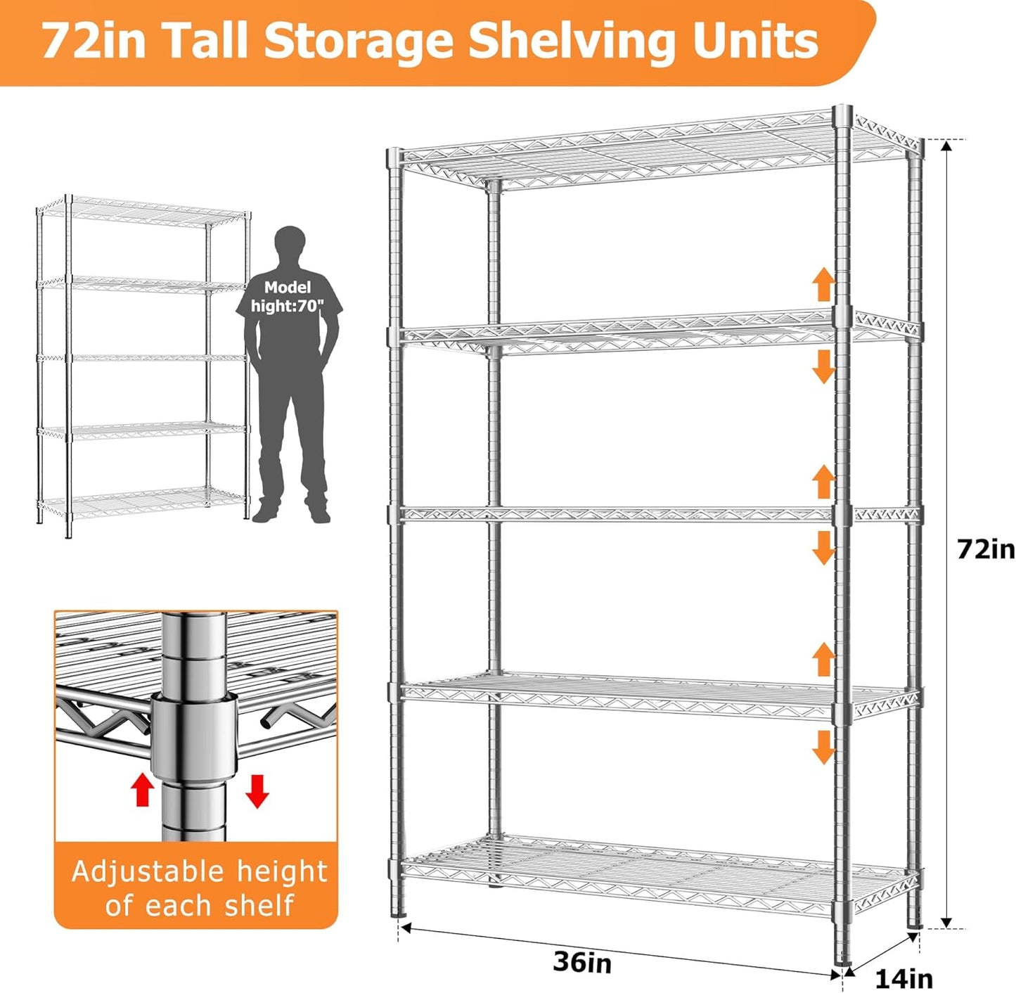 Storage Shelves Heavy Duty, 2 PCS 36" L x 14" W x 72" H Garage Wire Shelving Unit Loads 1750LBS, 5-Tier Adjustable Metal Industrial Utility Shelf Rack for Kitchen, Laundry Room, Warehouse, Basement