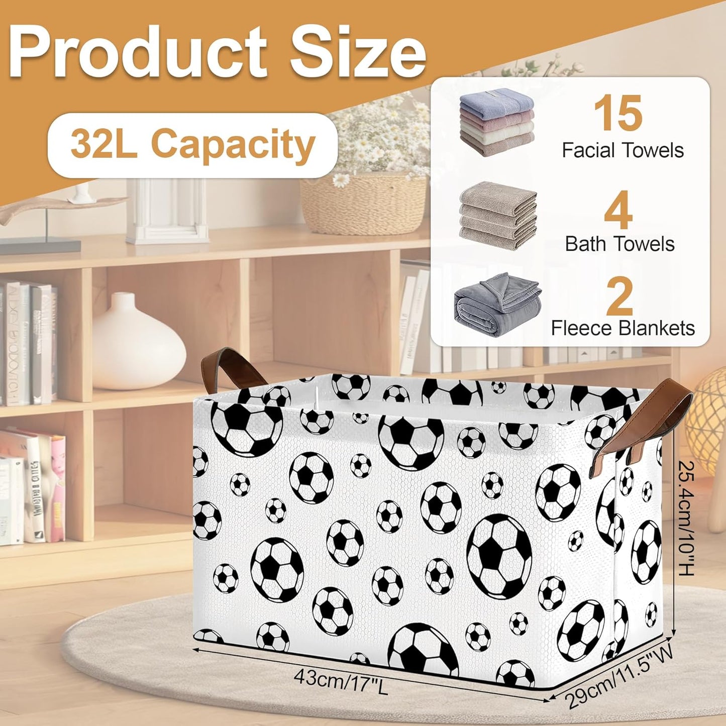 Black Soccer Football Storage Bins with Handles, Collapsible Storage for Clothes, Gift Basket, Blankets & Closet Organization