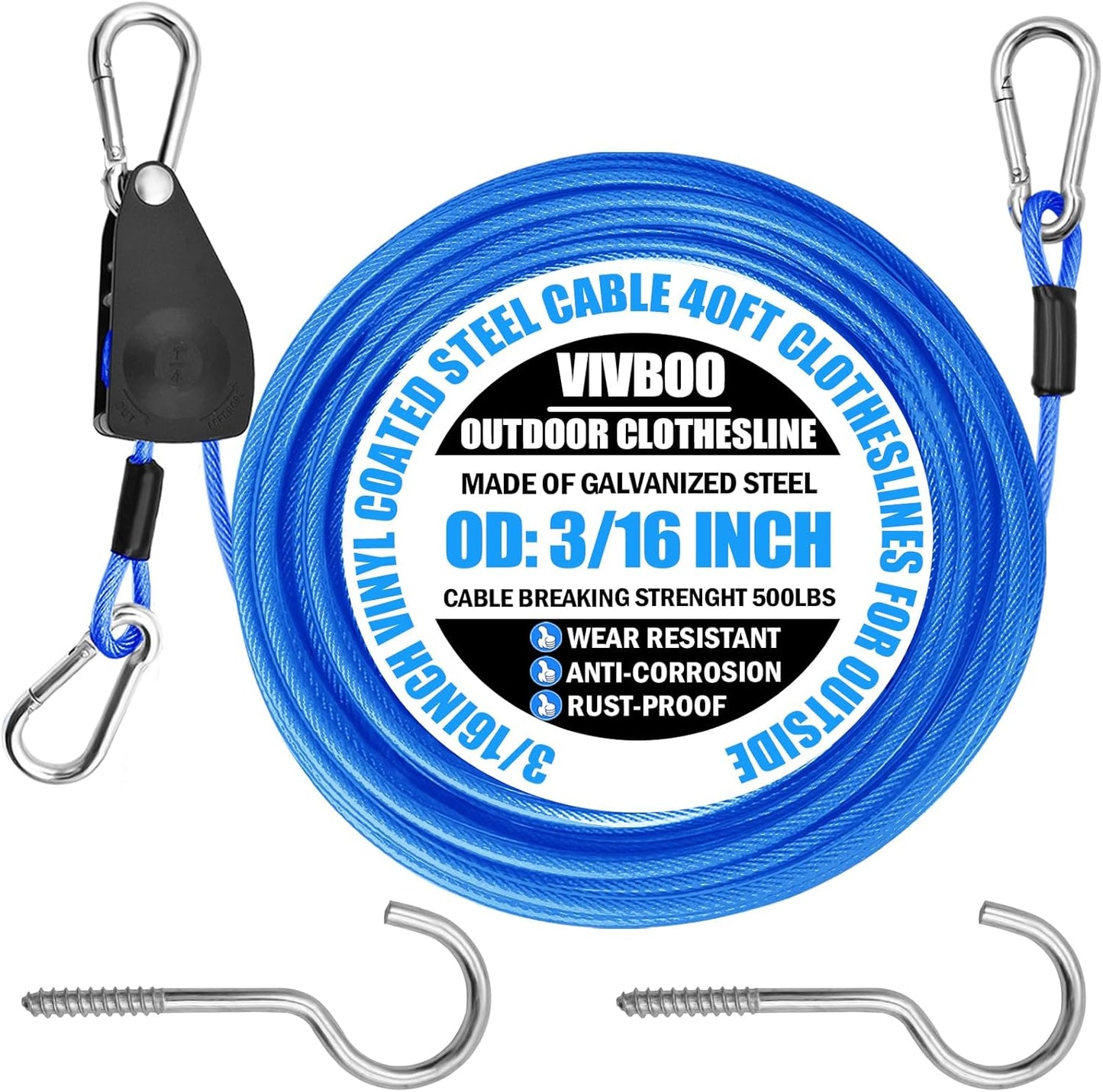 40ft Clothes Line Outdoors 3/16" Wire Ropes Blue PVC Coating Laundry Drying Clothesline Retractor with Metal Hooks Heavy Duty for Umbrella Travel Outside Camping Backyard