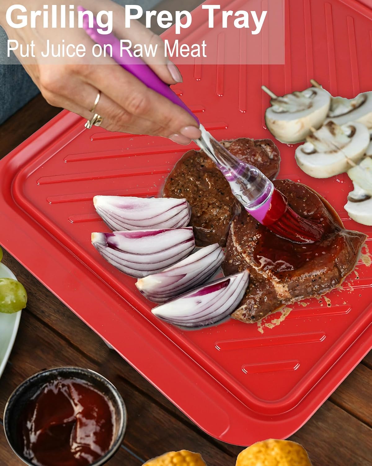 Large Grilling Prep and Serve Trays, 17.3" x 13" BBQ Platters for Raw and Cooked Food, Melamine Serving Trays for Food, Set of 2, Black and Red