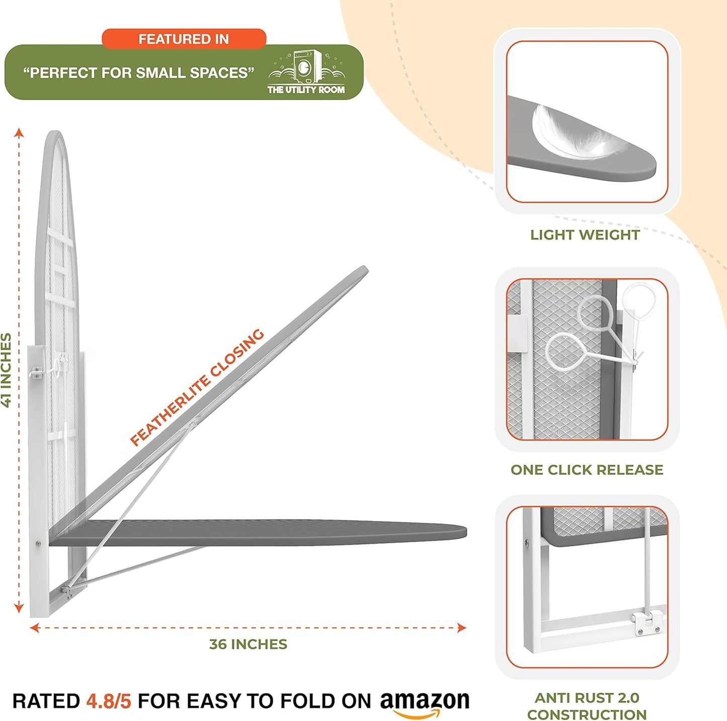Xabitat Wall Mounted Ironing Board, 36.2" X 12.2" Compact Mount Fold Down Iron Board for Small Spaces, Space Saving with Cotton Fabric Cover, Green & Grey