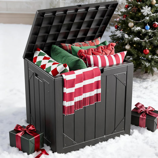 31 Gallon Outdoor Storage Box, Lockable Resin Deck Box for Patio Cushions, Throw Pillows, Garden Tools, Weatherproof Outdoor Storage Bench for Yard, Porch, or Balcony
