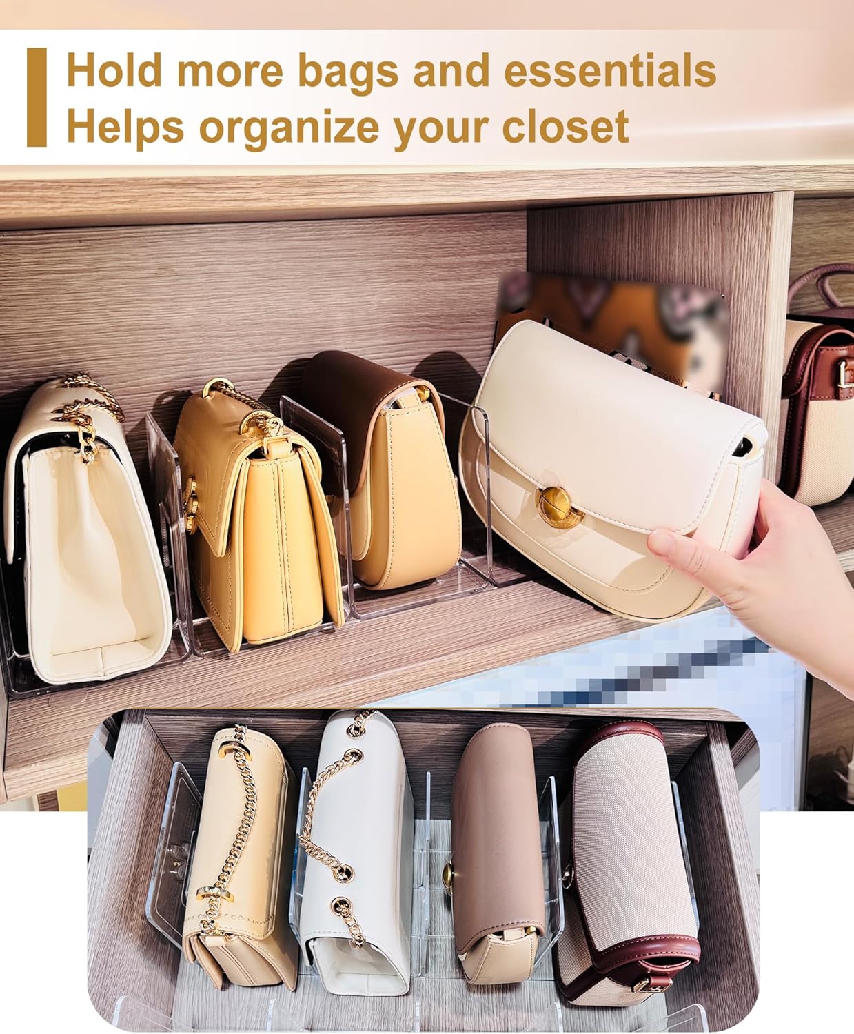 2-Pack Purse Organizers for Closet with 8 translucent Dustproof Storage Bags, Clear Acrylic 8-Slot Handbag Storage Shelf, No Assembly – Keeps Your Handbags Upright, Clear L