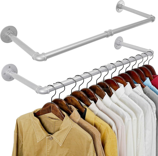 WEBI Industrial Pipe Clothing Rack,32" Wall Mounted Clothes Rack for Hanging Clothes,Heavy Duty Metal Garment Rack Bar Wall Mount Clothing Rod for Closet,Laundry Room,Silver,2 Packs