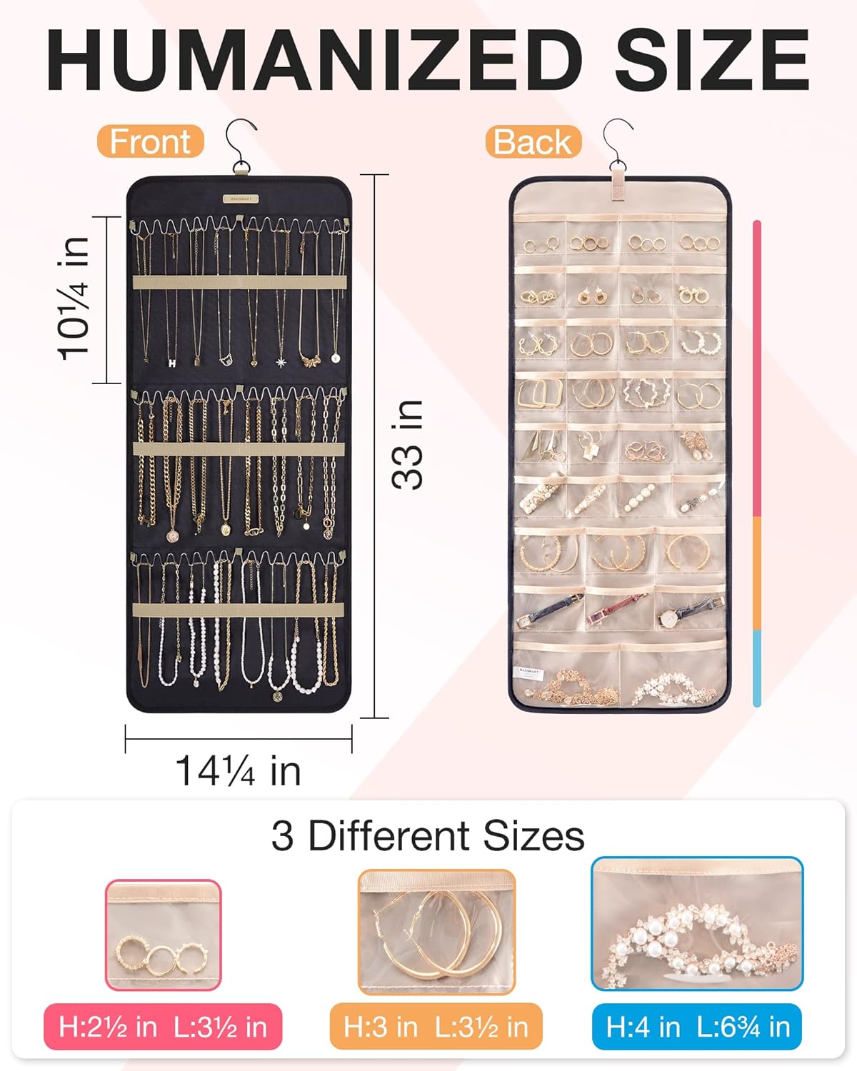 BAGSMART Hanging Jewelry Organizer Storage Roll with Hanger Metal Hooks Double-Sided Jewelry Holder for Earrings, Necklaces, Rings on Closet, Wall, Door, 1 piece, Large, Black
