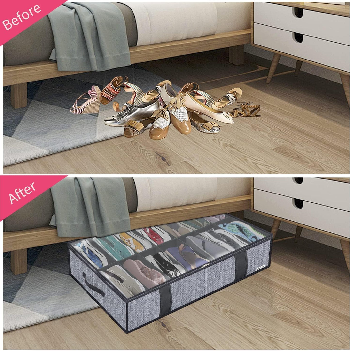 Onlyeasy Under Bed Shoe Storage Organizers for Kids and Adults Fit 14 Pairs of Shoes & 4 Pairs of Boots, Sturdy Underbed Organizer with 2 Strong Zippers and 4 Handles, Linen-like Grey, MXDUBS14S4