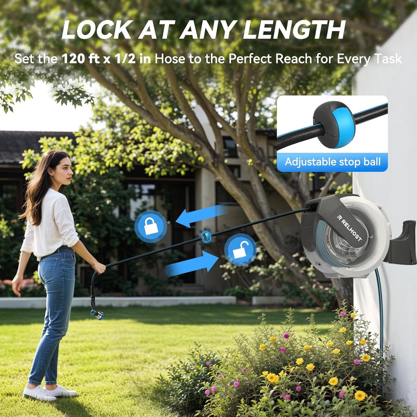 Retractable Garden Hose Reel 120 ft x 1/2 in, Heavy Duty Hose Reel Wall Mount with Any Length Lock, Auto Rewind System, 180° Swivel Bracket, 10-Pattern Garden Hose Nozzle, White & Grey