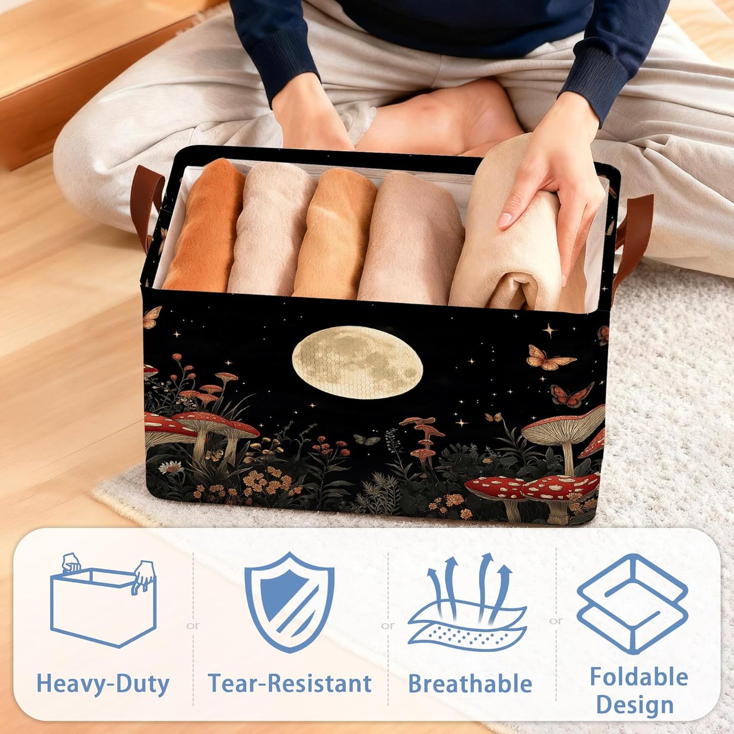 Mushroom Moon Storage Baskets,Butterfly Plants Foldable Organizer Bin with Handles for Home Living Room Bedroom Closet Box 17x11.5x10Inch