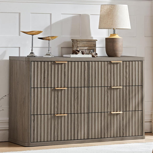 LEYAOYAO Fluted 6 Drawers Dresser, 48" Wide Modern Chest of Drawers with Wood Grain Top, Curved Profile Design, Dresser TV Stand, Wood Drawer Organizer for Bedroom, Living Room, Hallway,Grey
