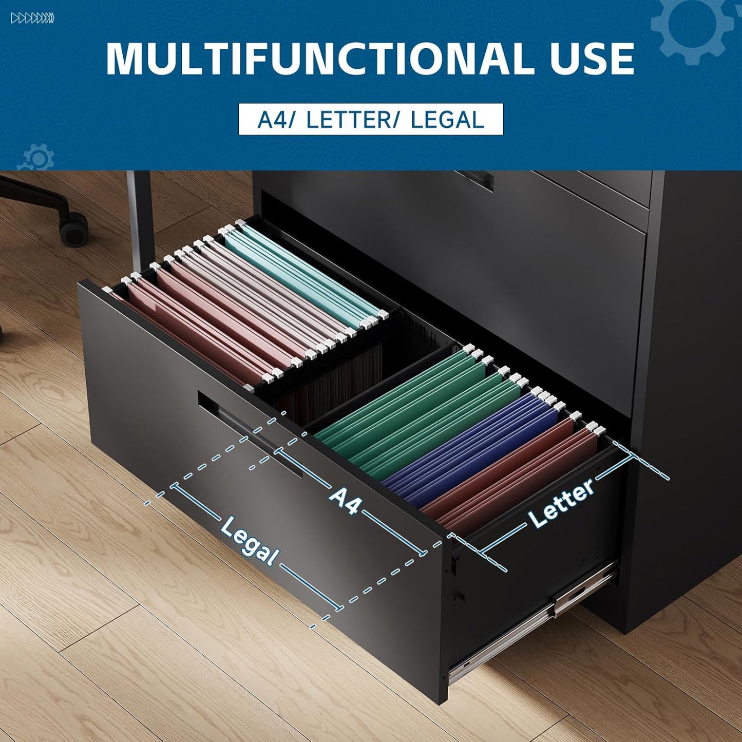 3-Drawer Metal File Cabinet, Lateral Vertical Filing Cabinets for Home Office, Locking File Cabinets with Storage Shelves, Legal/Letter/A4 Size Office File Cabinet (Black, Assemble Required)