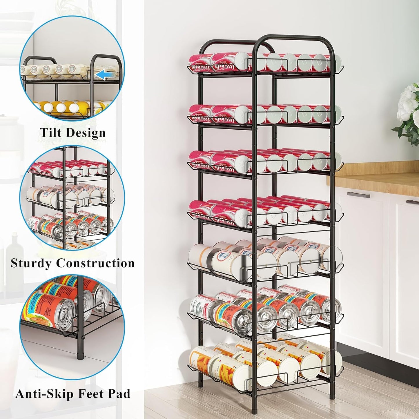 GILLAS 3 5 6 7 8 Tier Drink Organizer, Water Bottle Organizer, Metal Beverage Can Rack, Large Capacity Bottled Rack Water Bottle Holder Stand for Party, Cabinet, Countertop Kitchen, Black