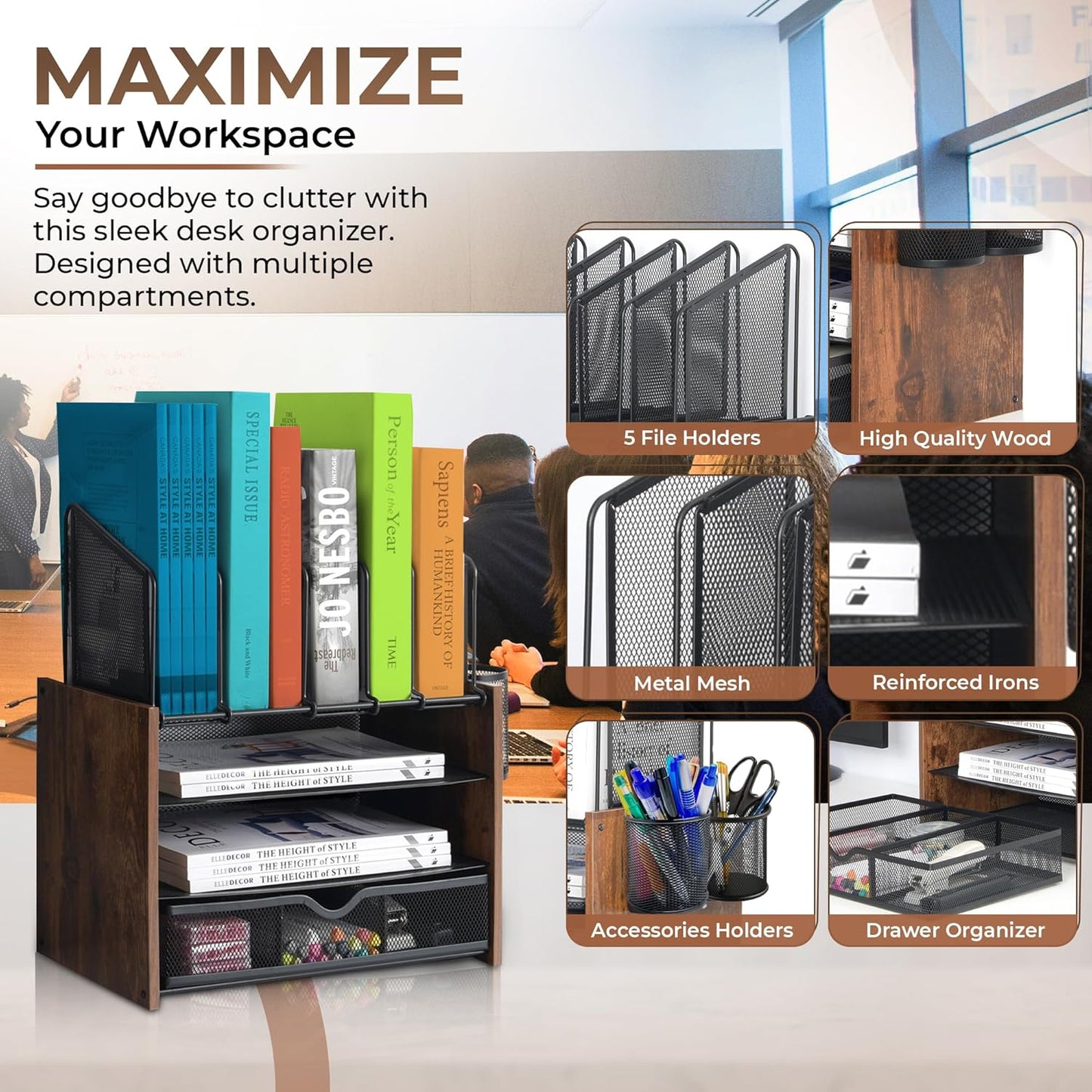 4-Tier Wood & Metal Desk Organizer – Vertical File Tray, Pen Holder & Drawer | Desktop Organizer for Home Office Supplies, Folders, Notebooks & Documents | Space-Saving Mesh Office Organizer