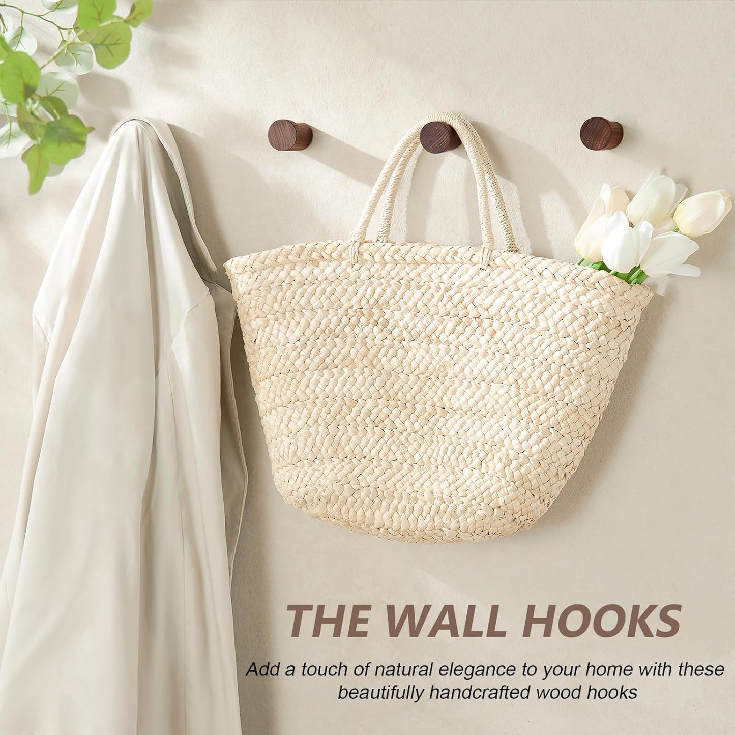 Wooden Wall Hooks 6 Pack, Modern Decorative Coat Hook Wall-Mount, Handmade Rustic Hat Hooks, Entryway Wall Hangers for Hanging Coats Hats Backpack, Bathroom Wood Towel Rack (Walnut)
