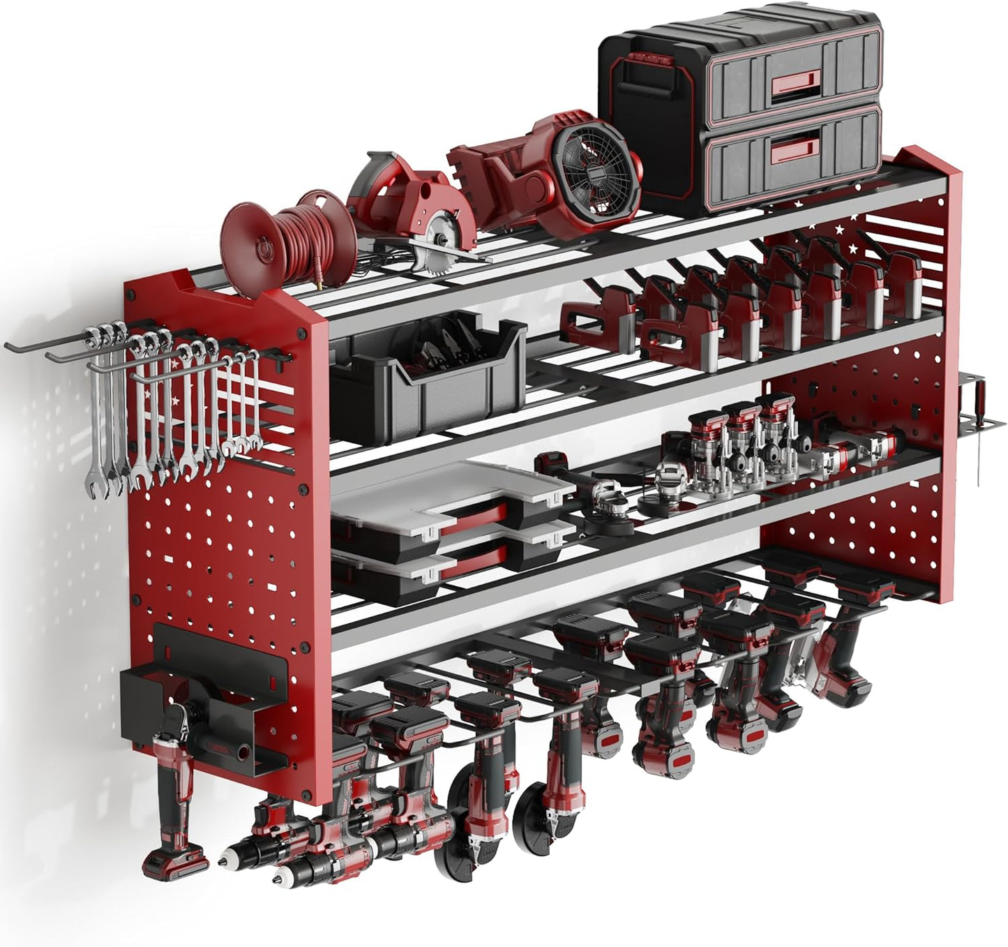 Tomorotec 4-Layer Wall-Mounted Power Tool Storage Rack, Heavy-Duty Steel Drill Organizer with Adjustable Shelves & Side Hooks for Toolbox, Easy Installation Garage & Workshop Storage (Red)