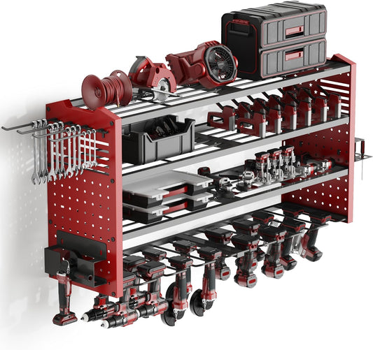 Tomorotec 4-Layer Wall-Mounted Power Tool Storage Rack, Heavy-Duty Steel Drill Organizer with Adjustable Shelves & Side Hooks for Toolbox, Easy Installation Garage & Workshop Storage (Red)