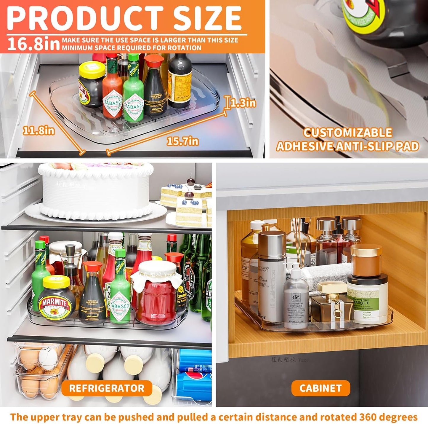 Yieach Clear Refrigerator Lazy Susan Turntable,15.7''x11.8'',Rectangular Fridge Turntable Organizer,Large Rotating Fridge Tray for Kitchen,Countertop,Pantry,Cabinet,Jars and Condiment Organizer,2 Pack