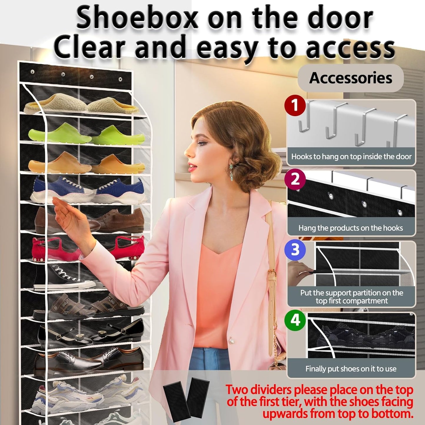 Over The Door Shoe Organizer with 12 Large Breathable Pockets - Heavy Duty Hanging Storage for Adult, Kids & Baby Shoes - Black