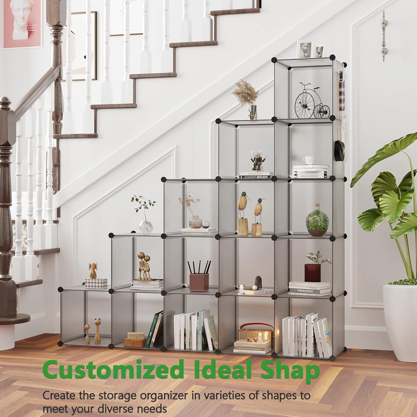 C&AHOME 16-Cube Storage Organizer, Plastic Shelves Units, DIY Closet Organizer, Modular Shelves Ideal for Home, Bedroom, 48.4" L 12.4" W 48.4" H Grey UPCS16G
