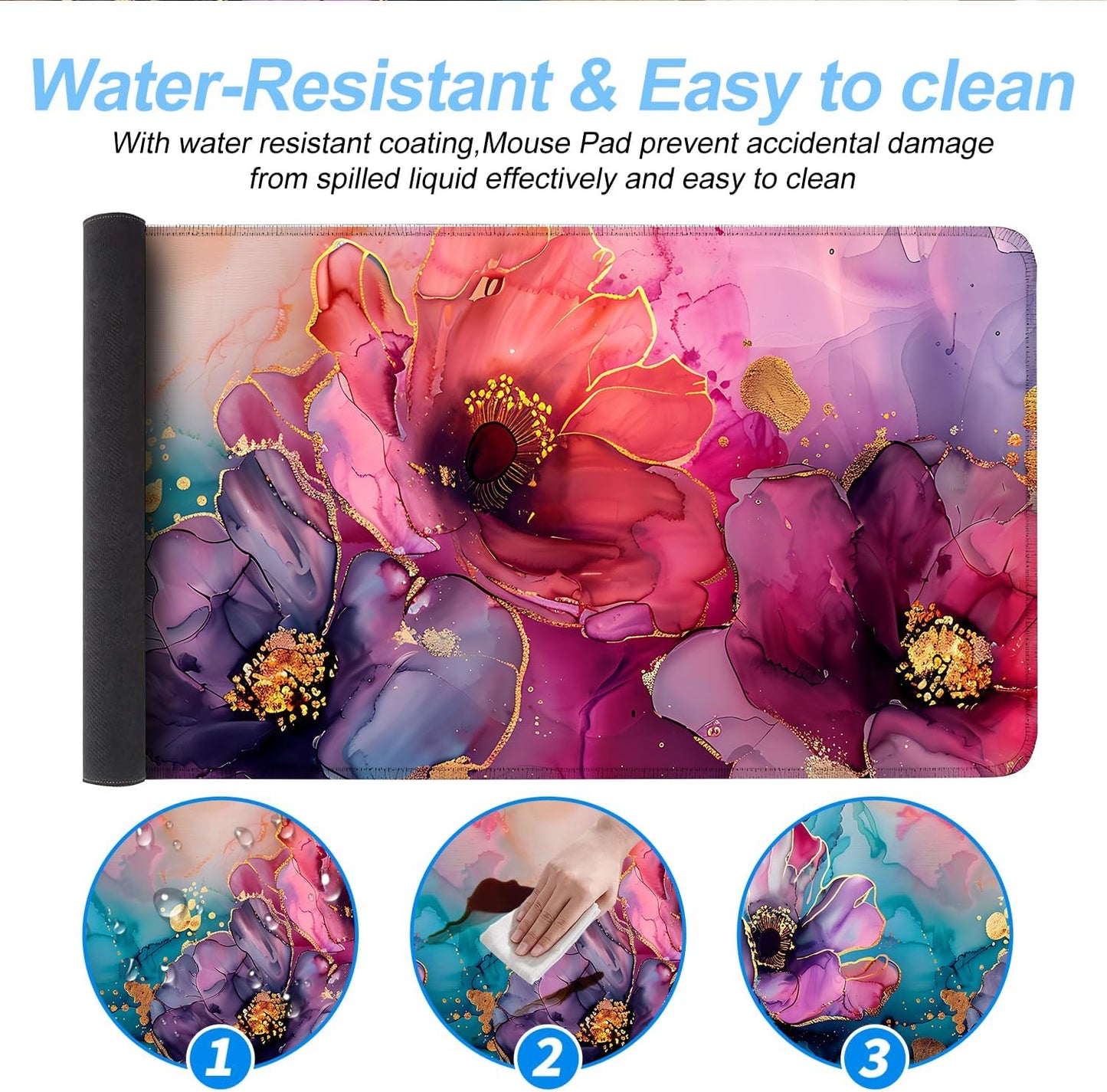 Floral Mouse Pad XXL – Large Desk Mat with Abstract Alcohol Ink Flowers in Pink, Purple & Teal, Extended Mousepad with Non-Slip Base for Office, Workstation, Gifts,31.5 x 11.8 in