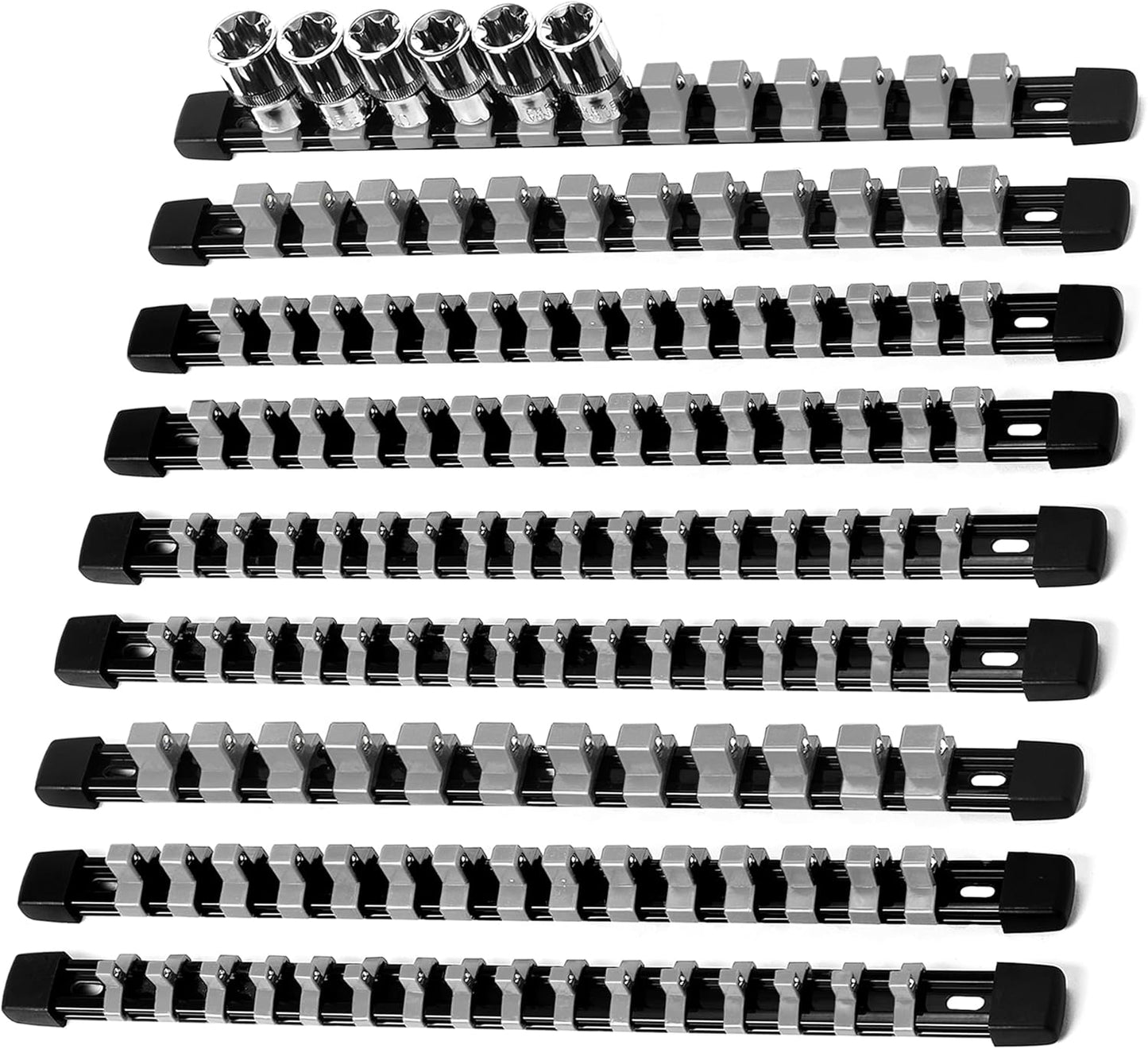 Socket Organizer Drive ABS Tools - Grey Socket Holder, Premium Quality 9 Pieces Socket Holders Kit 1/4-Inch x 48 Clips, 3/8-Inch x 45 Clips, 1/2-Inch x 36 Clips（9PC,Grey)