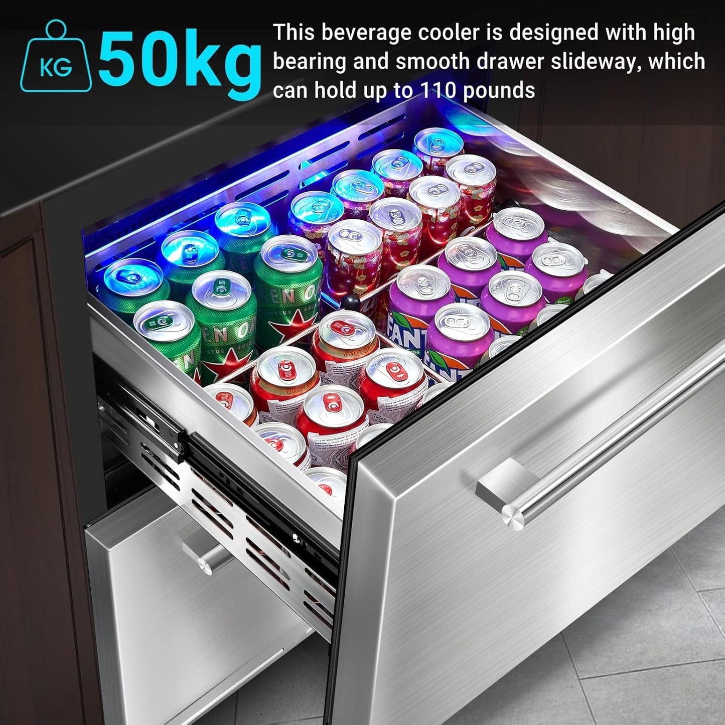 BODEGA 24 Inch Beverage Fridge under Counter, 2 Drawer Outdoor Coolers for Patio and Deck Weatherproof, Stainless Steel Beverage Refrigerator for Beer, Soda, Holds 180 Cans