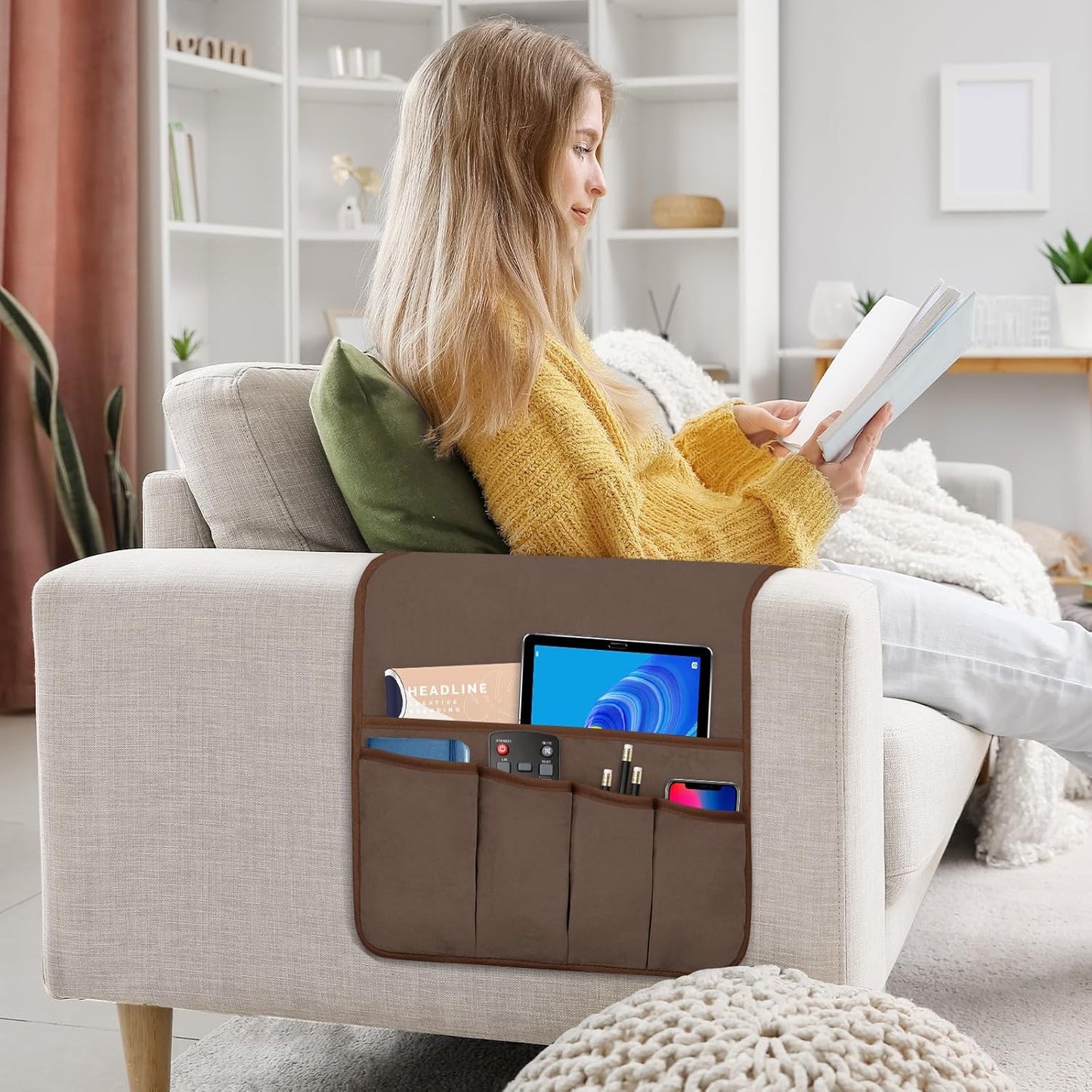 Remote Control Holder for Armchair, Couch Caddy Organizer TV Remote Holder for Bed Storage 5 Pockets, Remote Caddy Bedside Organizer Bedside Table Organizer (Brown, 35"x12.4")