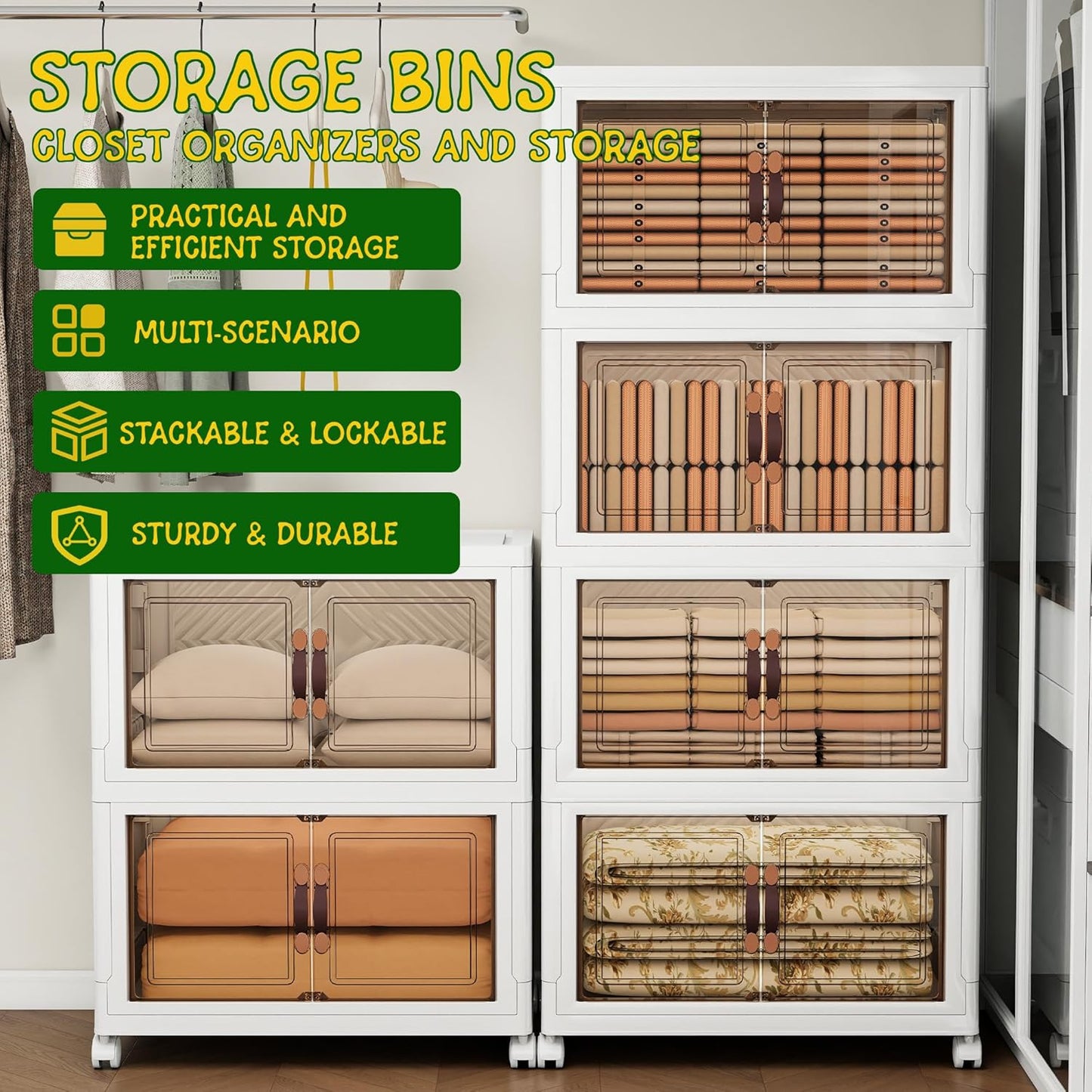 Storage Bins with Lids and Wheels, Collapsible Bathroom Storage Cabinet with Clear Doors, Plastic Stackable Closet Organizers and Storage Containers White 628 QT