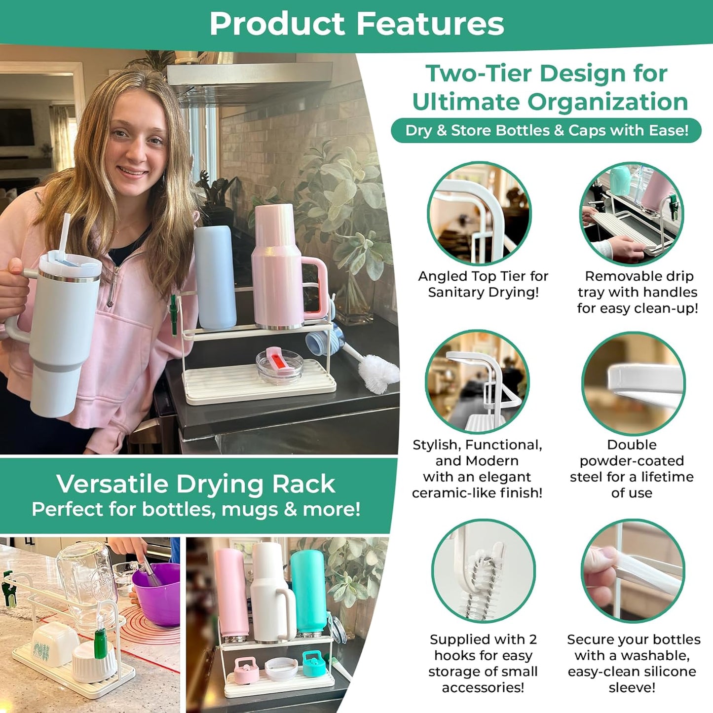 Bottle Drying Rack for Kitchen Countertop, Space Saving Storage Stand with Drainage Tray, Two-Tier Design for Tumblers, Baby Bottles, Water Bottle Drying Rack with 5-in-1 Bottle Cleaning Brush