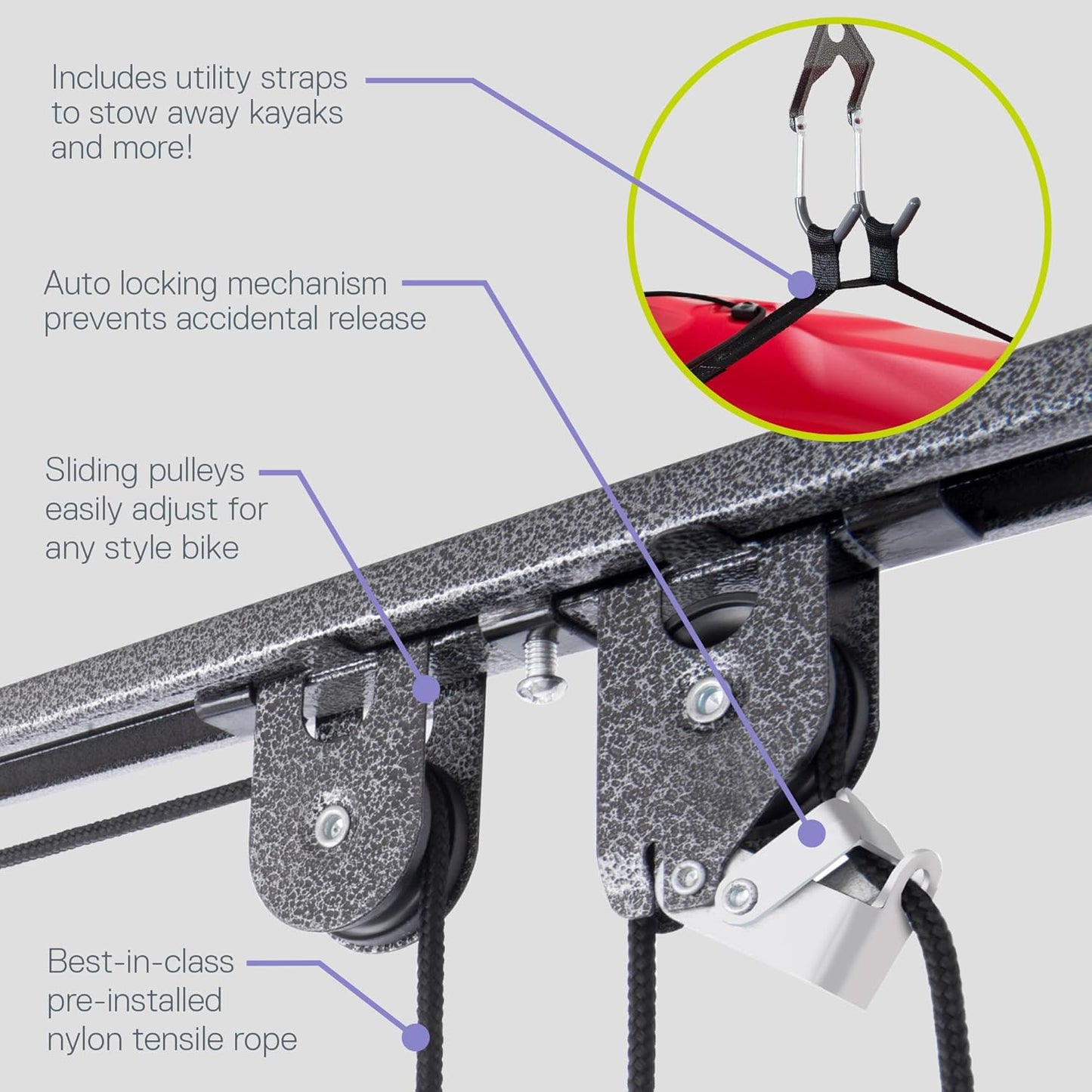 Bike Hoist- Heavy Duty for Space Saving - Road, Commuter & Mountain Bikes, Holds Kayaks & Ladders - No-Hassle Installation for Quick & Easy Access