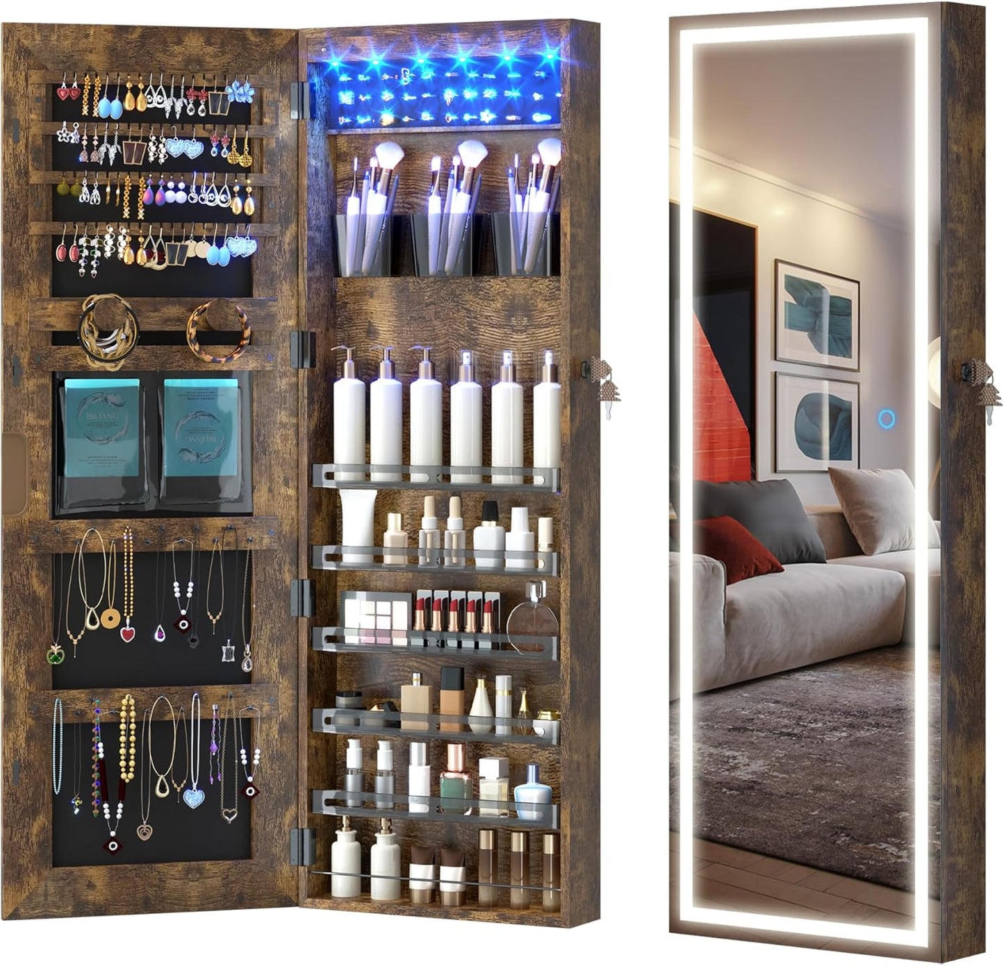 LVSOMT LED Mirror Jewelry Cabinet, Wall/Door Mount Jewelry Armoire Organizer with Lights, Full Length Mirror with Jewelry Storage, Over the Door Hanging Cabinet (Rustic Brown)
