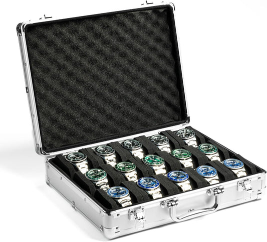 15 slots Watch organizer Case, Silver Aluminum watch storage box, hard watch travel box, padded case for watch display and organization