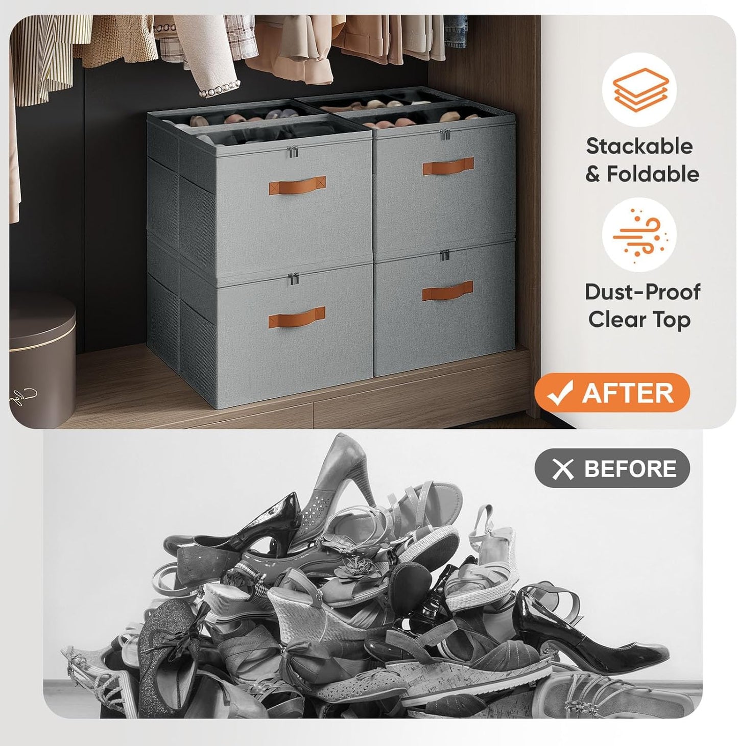 Shoe Organizer for Closet, 2 Pack Foldable Shoe Storage Organizer with Adjustable Dividers, Shoe Storage Box with Clear Cover, Fits up to 16 Pairs, Gray