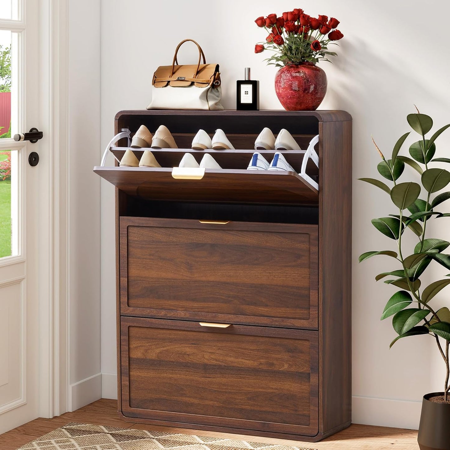 Hidden Shoe Cabinet with Drawer, Free Standing Narrow Shoe Rack Cabinet for Entryway Slim, 3 Flip Drawer Shoe Storage Organizer Cabinet for Entry,Hallway,Door,Dorm,Small Spaces - Walnut