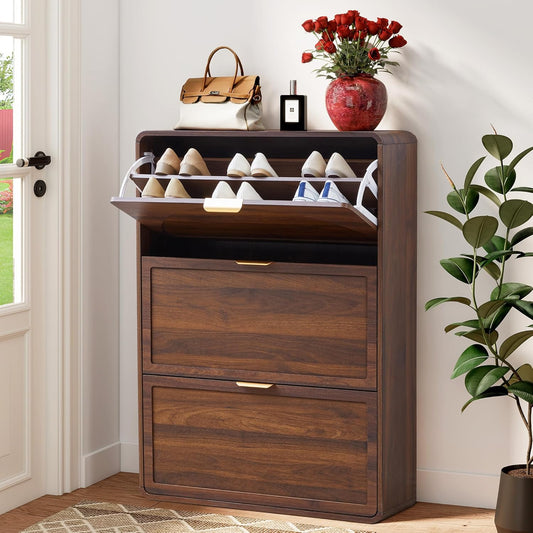 Hidden Shoe Cabinet with Drawer, Free Standing Narrow Shoe Rack Cabinet for Entryway Slim, 3 Flip Drawer Shoe Storage Organizer Cabinet for Entry,Hallway,Door,Dorm,Small Spaces - Walnut