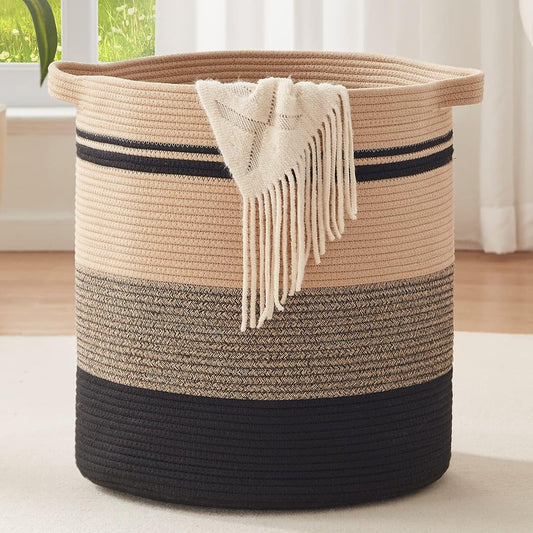OIAHOMY 80L Laundry Baskets-Laundry Hamper,Storage Basket with Handles,Decorative Basket for Living room,Woven Storage Basket for Toys Bin,Pillows, Blankets,Clothes-20x18in-Yellow Black