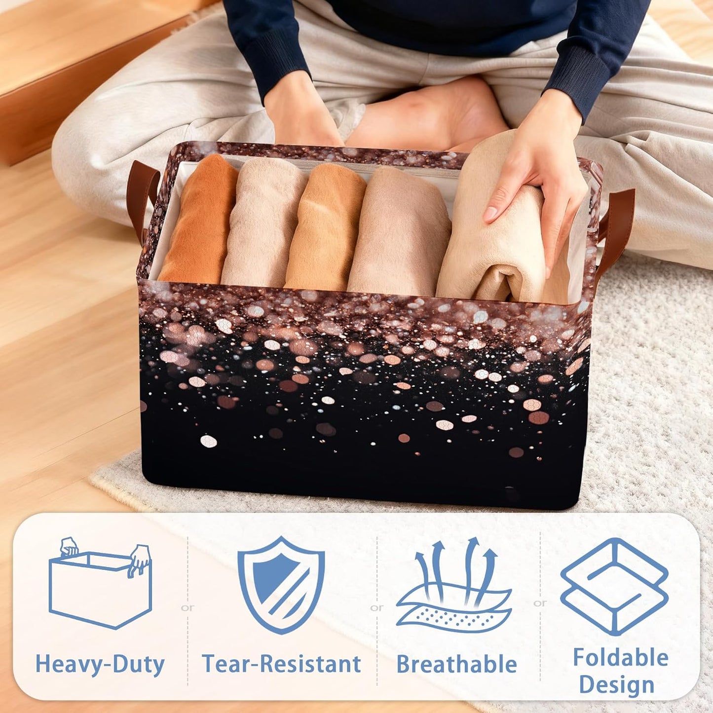 Pink Glitter Storage Baskets,Foldable Organizer Bin with Handles for Home Living Room Bedroom Closet Box 17x11.5x10Inch