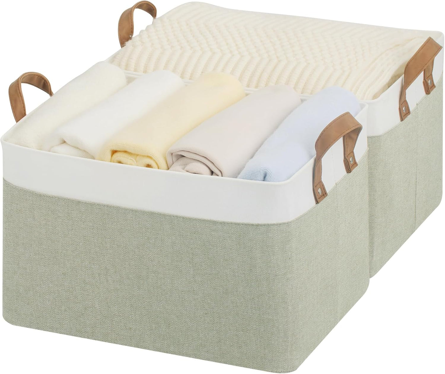 StorageWorks Storage Bins, Fabric Storage Bins for Shelves, Large Storage Baskets with Metal Frame, Closet Baskets and Bins with Handles, Green and White, 2-Pack