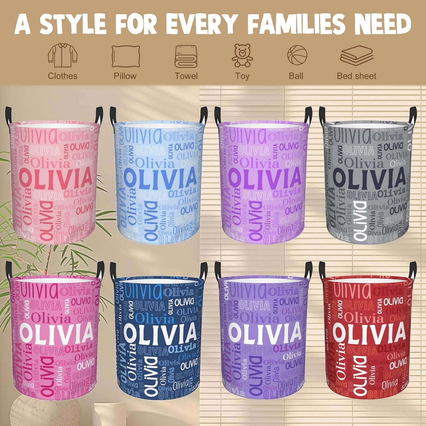 Custom Name Laundry Hamper, Personalized Laundry Basket with Name for Boys Girls Kids Men Women, Customized Name Dirty Clothes Basket Gifts for Clothes Toy Bathroom Bedroom Laundry Room Dorm