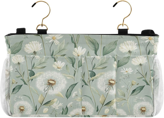 Sage Green Dandelion Bedside Caddy for Dorm Bed Bedside Hanging Caddy Bag Iron Frame Storage Organizer Pocket for Bunk Home College Hospital Beds 2 Hooks