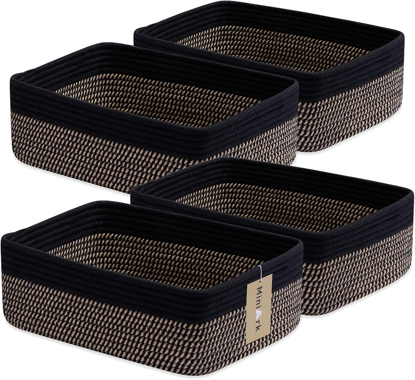 Large Shallow Organizing Baskets 15x11x5.1 Inches - Rope Woven Storage Bins for Bathroom, Shelves, Cube Closet, Black Woven Brown 4 Packs