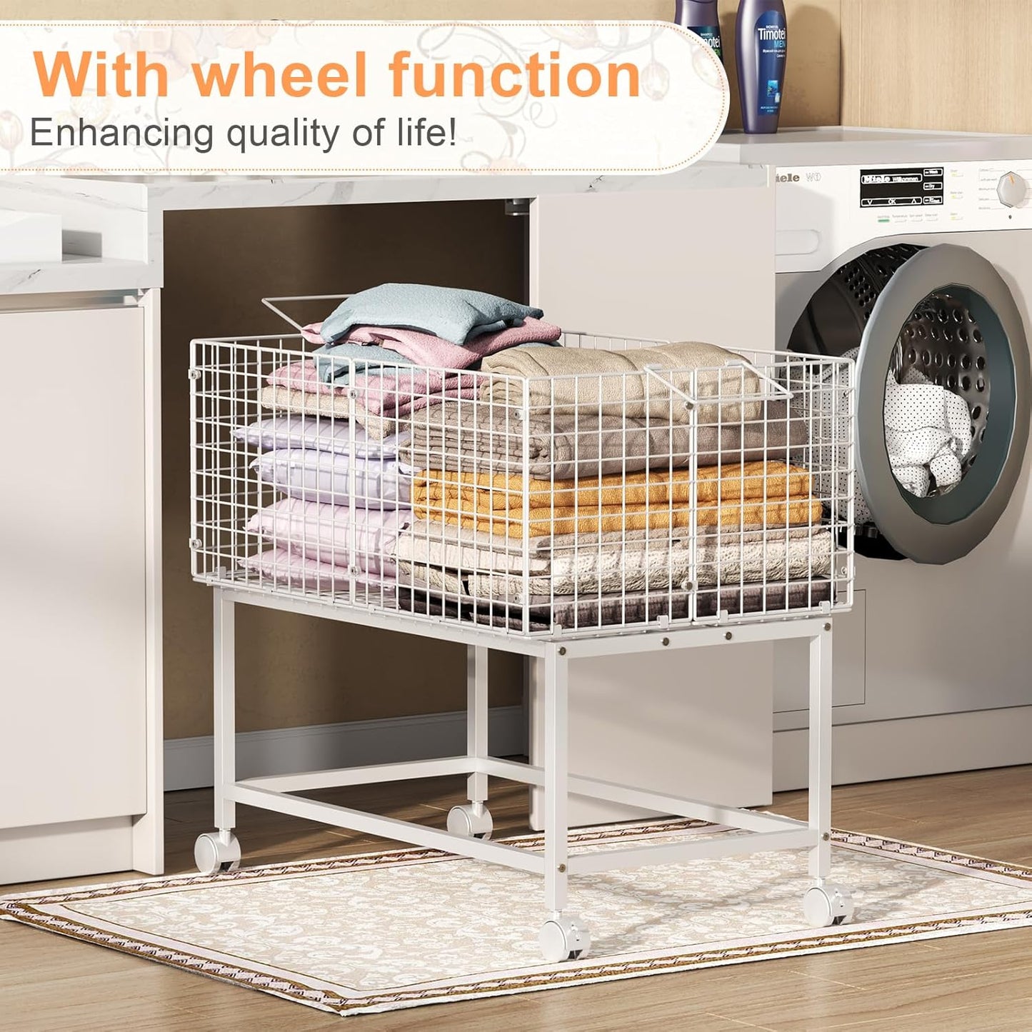 Large Rolling Laundry Basket Cart,Wire Laundry Hamper Cart with Handle and Wheels,White High Laundry Hamper for Laundry Room,Bedroom and Bathroom-120L White (29.5" L*19.7" W*27.95" H inch)