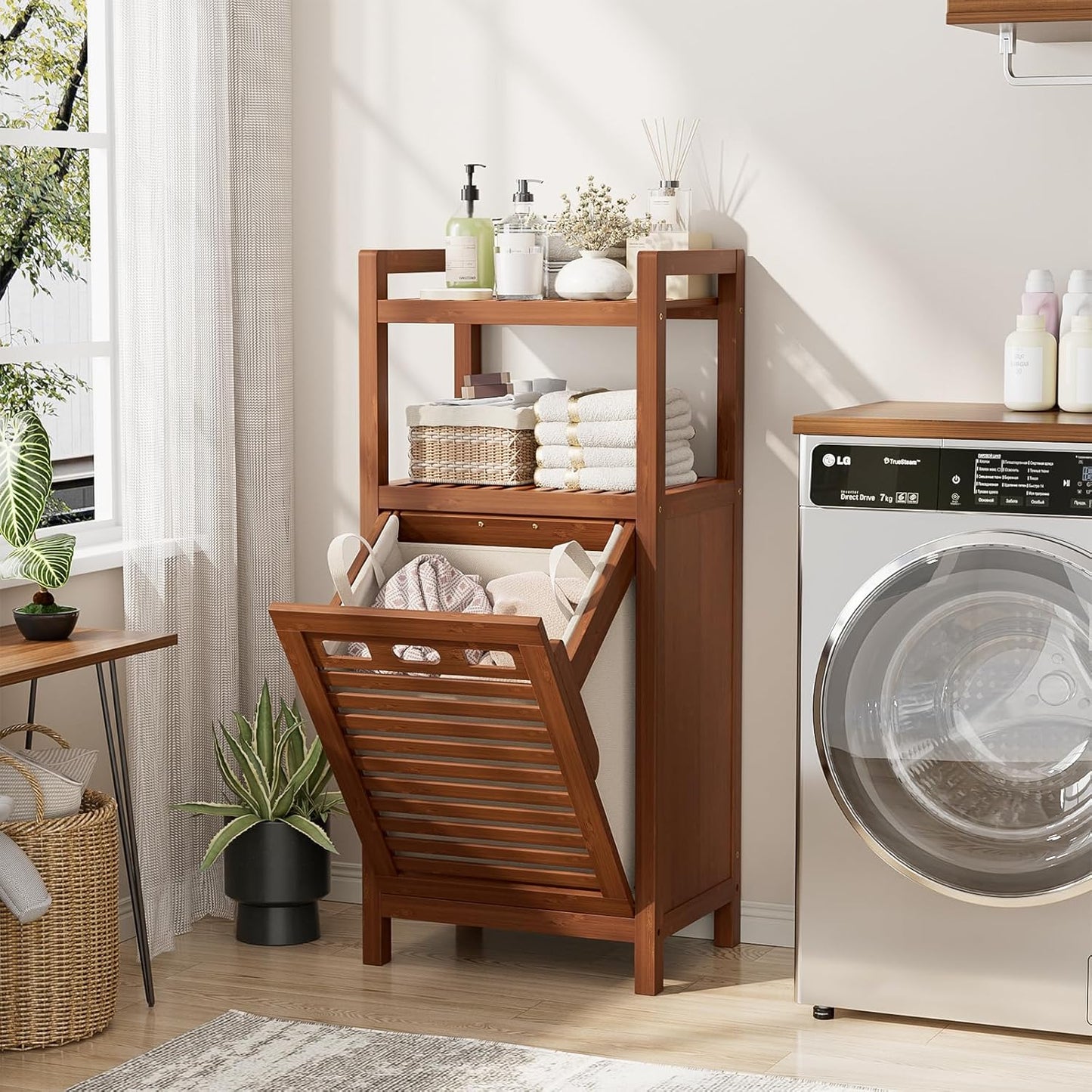 Homykic Tilt Out Laundry Hamper, 10 Gal Bamboo Laundry Storage Cabinet with Removable Basket, Hidden Hamper Organizer with Shelf for Dirty Clothes, Bathroom, Laundry Room, Space Saving, Walnut