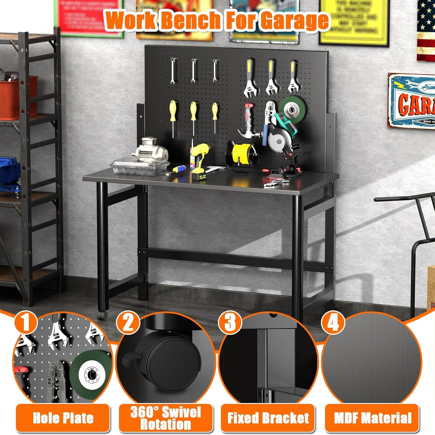 Work Bench for Garage, 45.5" Heavy Duty Workbench with Pegboard, Foldable Steel Work Table with Wheels for Woodworking Shop Garage Home Office Warehouse, Easy Assembly