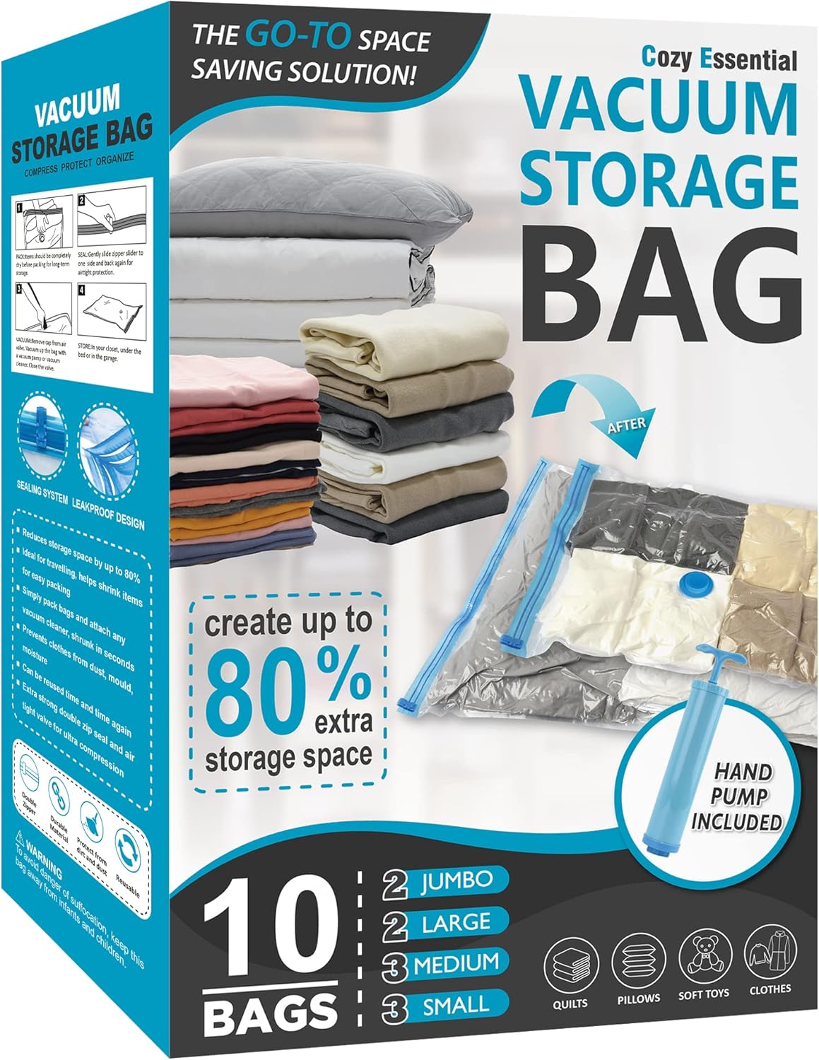 10 Pack Vacuum Storage Bags, Space Saver Bags (2 Jumbo/2 Large/3 Medium/3 Small) Compression Storage Bags for Comforters and Blankets, Vacuum Sealer Bags for Clothes Storage, Hand Pump Included
