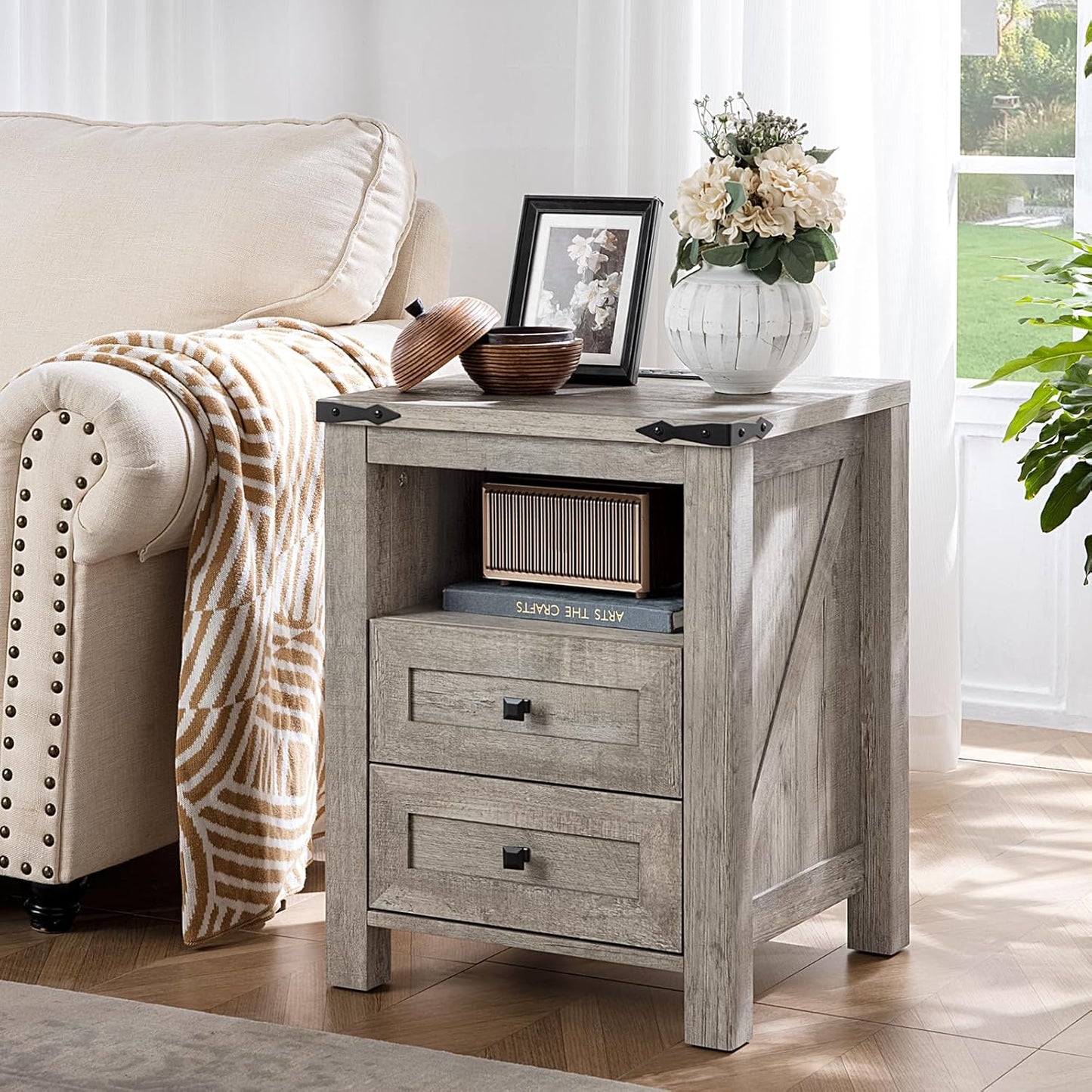 Nightstand with Charging Station and USB Port, Farmhouse Night Stand with 2 Drawers and Shelf Storage, Wooden Side End Table, Bedside Cabinet for Bedroom, Living Room, Closet,Office (Grey)