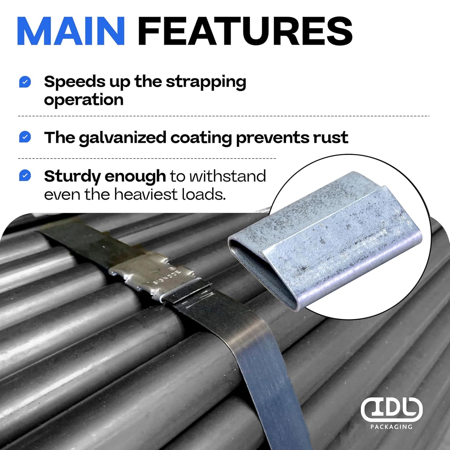 IDL Packaging Closed (Push Type) Seals for 1/2" Strap Width Steel Strapping (Pack of 100) - Superior Holding Power - Sturdy Metal Clips for Reliable Securing of Packaging Banding