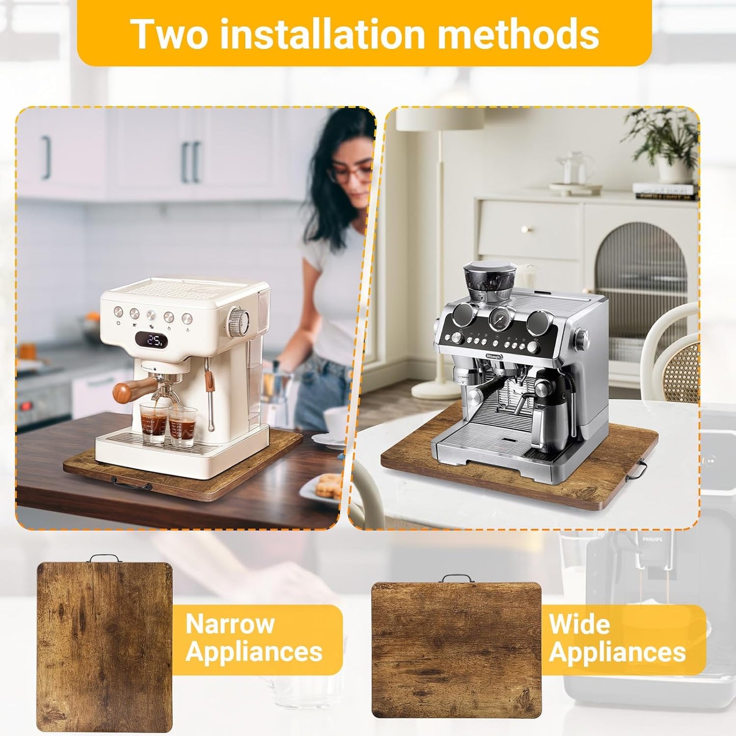Sliding Tray for Coffee Maker, 360° Rotating Appliance Slider for Kitchen Appliances, Wooden Sliding Tray Suitable for Kitchen Countertops and Kitchen Appliances.(Brown, Large)