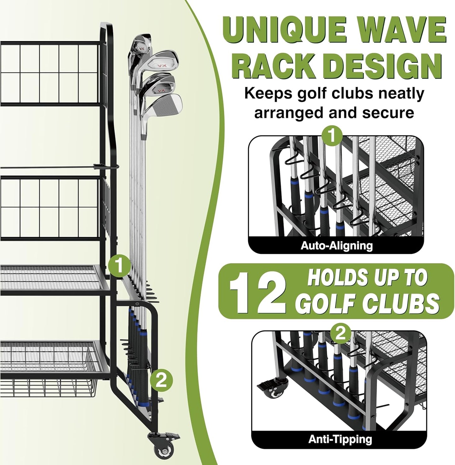 Heavy-Duty Golf Bag Storage Garage Organizer with Wheels - Large Dual Bag Stand & Club Rack with 2 Ball Drawers, Innovative Wave Holder, and Extra Shoe Shelf for Garage & Home