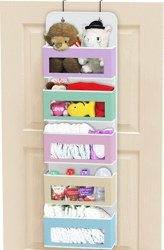 Simple Houseware 5 Clear Window Pocket Over Closet Door Storage Hanging Organizer for Bedroom, Bathroom, Pantry, Colorful